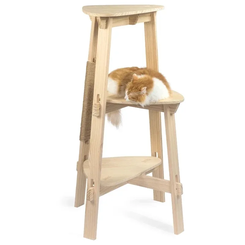 

Pine Wood Cat Tree Three Layer Tower Scratching Post Cat Climbing Frame Large Wooden Cats Tree Jumping Platform Pet Scratchers