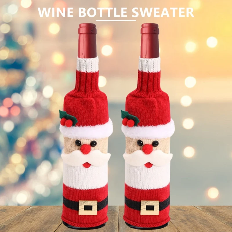 2 Pcs Cute Christmas Wine Bottle Cover Knitted Wine Bottle Sweater For Holiday Party Christmas Table Home Decoration