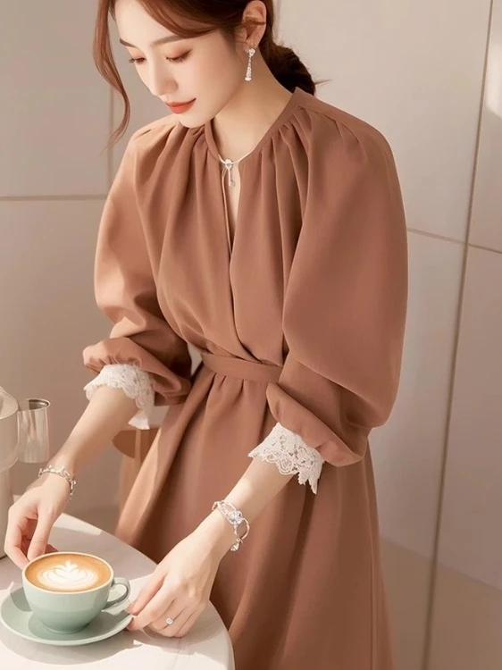 

Ele Lace Trim Long Sve irt Women's Faionable Unique Sle Spring Autumn New Arrival Versatile Top for Younger Look
