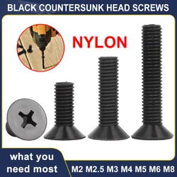 50Pcs Black Nylon Countersunk Head Screws M2 M2.5 M3 M4 M5 M6 M8 Plastic Phillips Countersunking Machine Screw Length 4mm-40mm