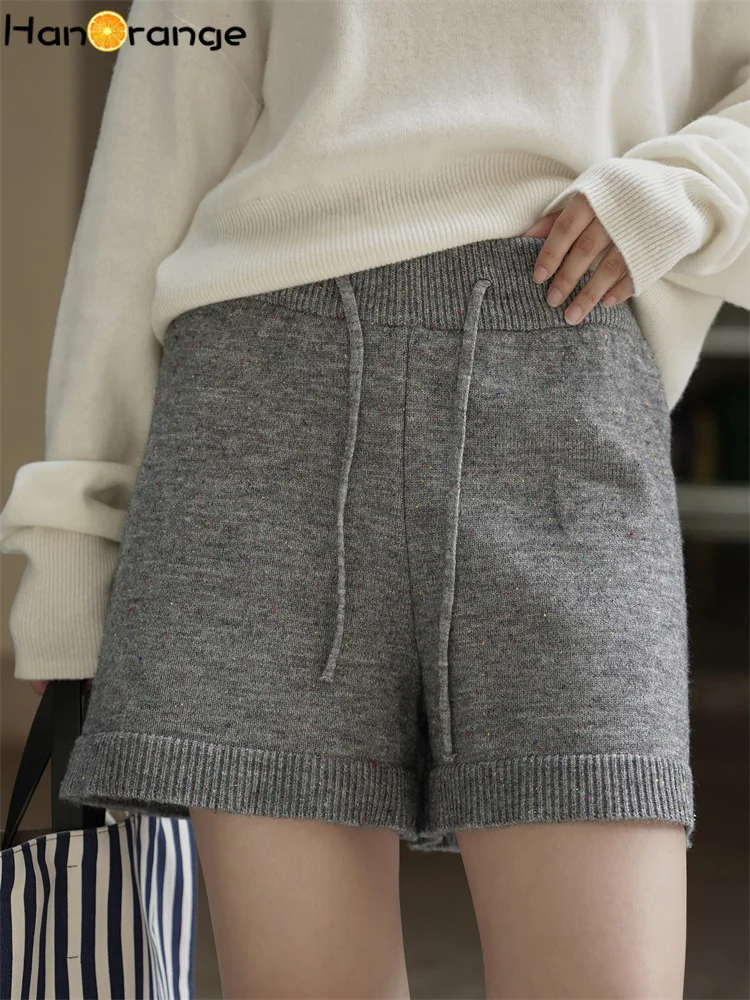 HanOrange 2025 가을 레트로 패션 신축성 있는 허리끈 니트 반바지 여성 반바지 연회색/진회색