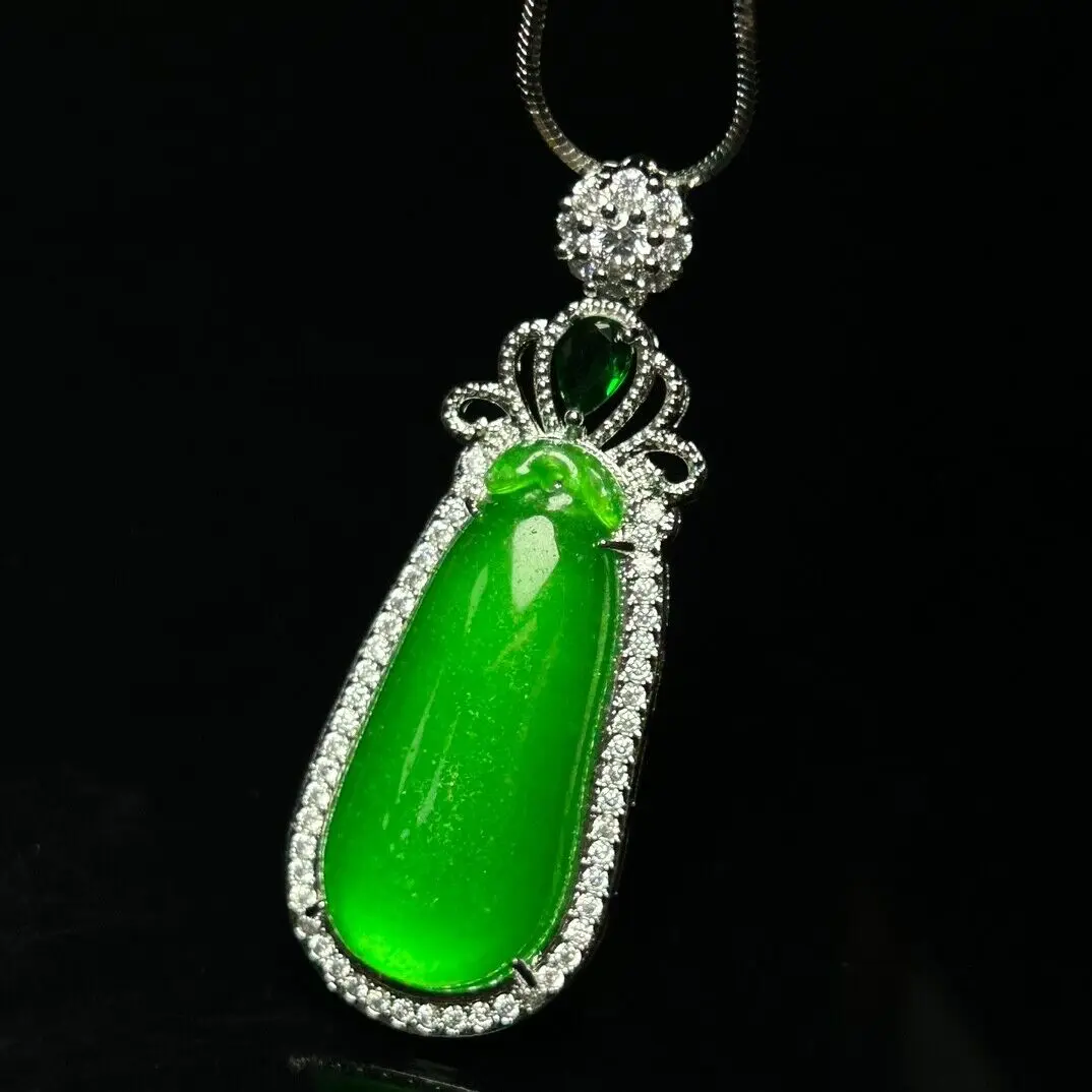 Certified Natural ice inlay Green jade Jadeite Fu melon Pendant&Necklaces Fugua