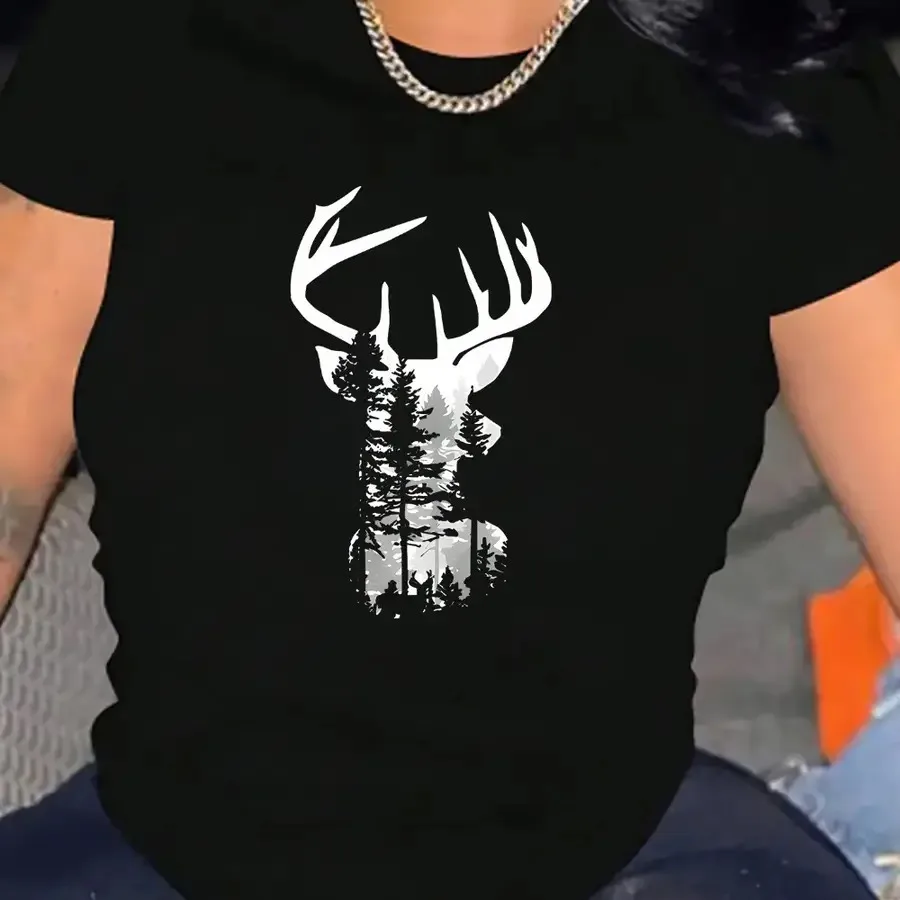

【New style】Women's Casual Short Sleeve T-Shirt with Forest Stag Graphic Print - Soft Stretch Round Neck Tee Machine Washable Al