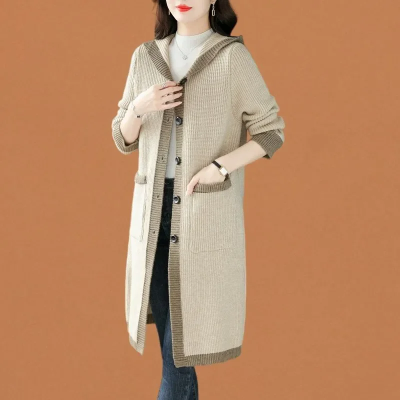 

Autumn and Winter Hooded Knitted Cardigan Women's Mid-length Mother's New Style Outer Sweater Jacket