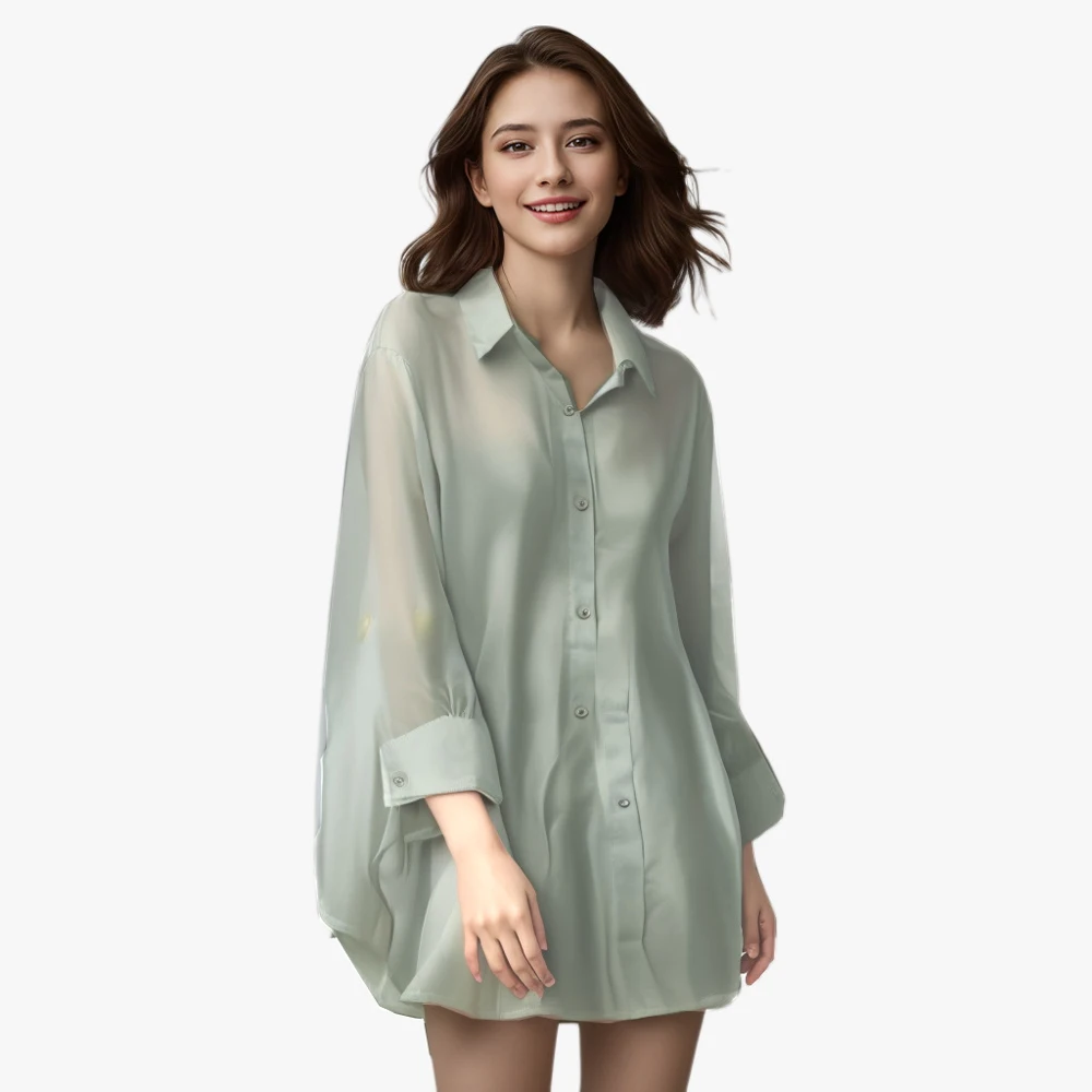 JANZHISAN-Chemise en mousseline de soie transparente pour femme, haut chic à manches longues, vêtement d\'été décontracté à porter sur la plage, avec