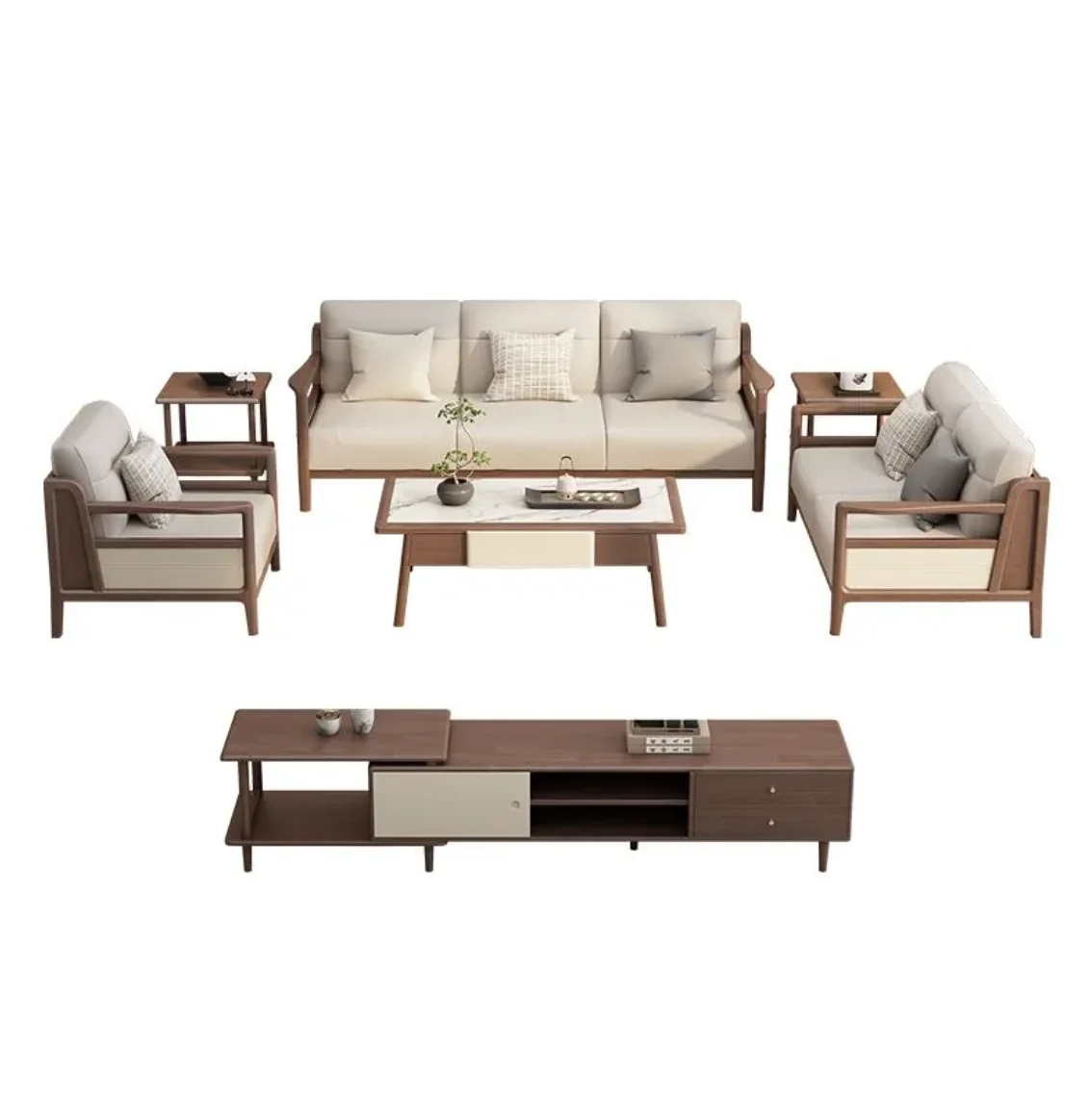 

#Chinese Style Solid Walnut Simplicity Chesterfield Sofa Bed Set Home Villa Hotel Living Room Furniture Sponge Filling