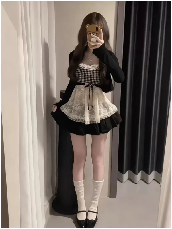 Sweet And Spicy Girl Pure Desire Three-Piece Set Lace Top Cardigan Cake Skirt Sexy Whole Set Summer Fashion Women's Ensemble