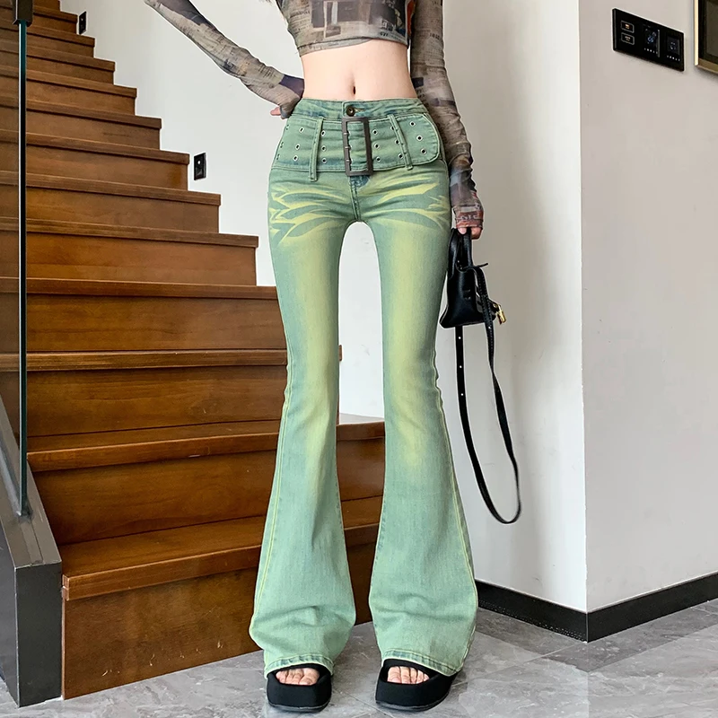 American Retro 2000s Y2K Jeans Mujer Streetwear Wide Belt Low Waist Flare Jeans Pants Loose Straight Wide Leg Harajuku Trousers