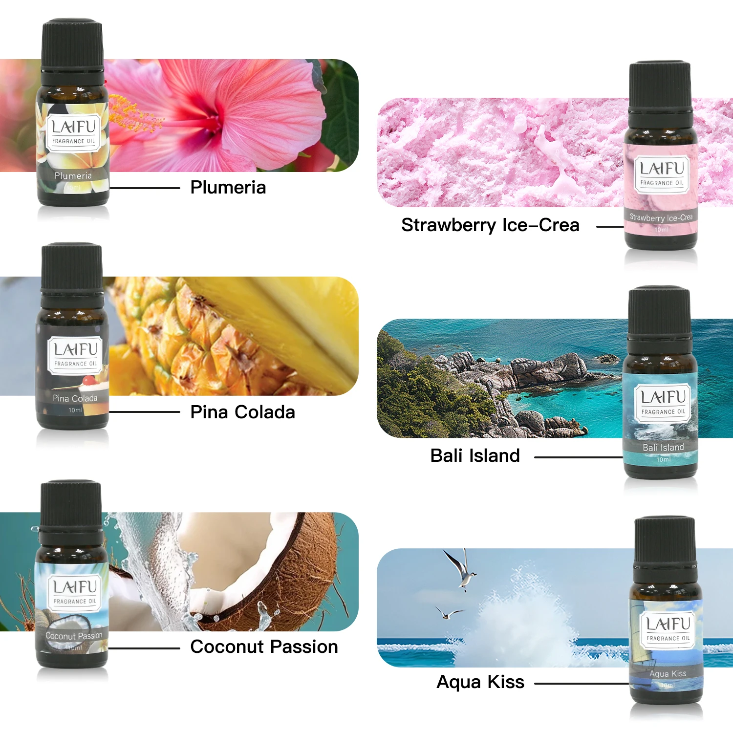 مجموعة الزيوت العطرية الصيفية مقاس 6 × 10 مل للناشر والعلاج العطري والشموع لصنع الروائح الاستوائية بلوميريا وجوز الهند وبينا كولادا والبال