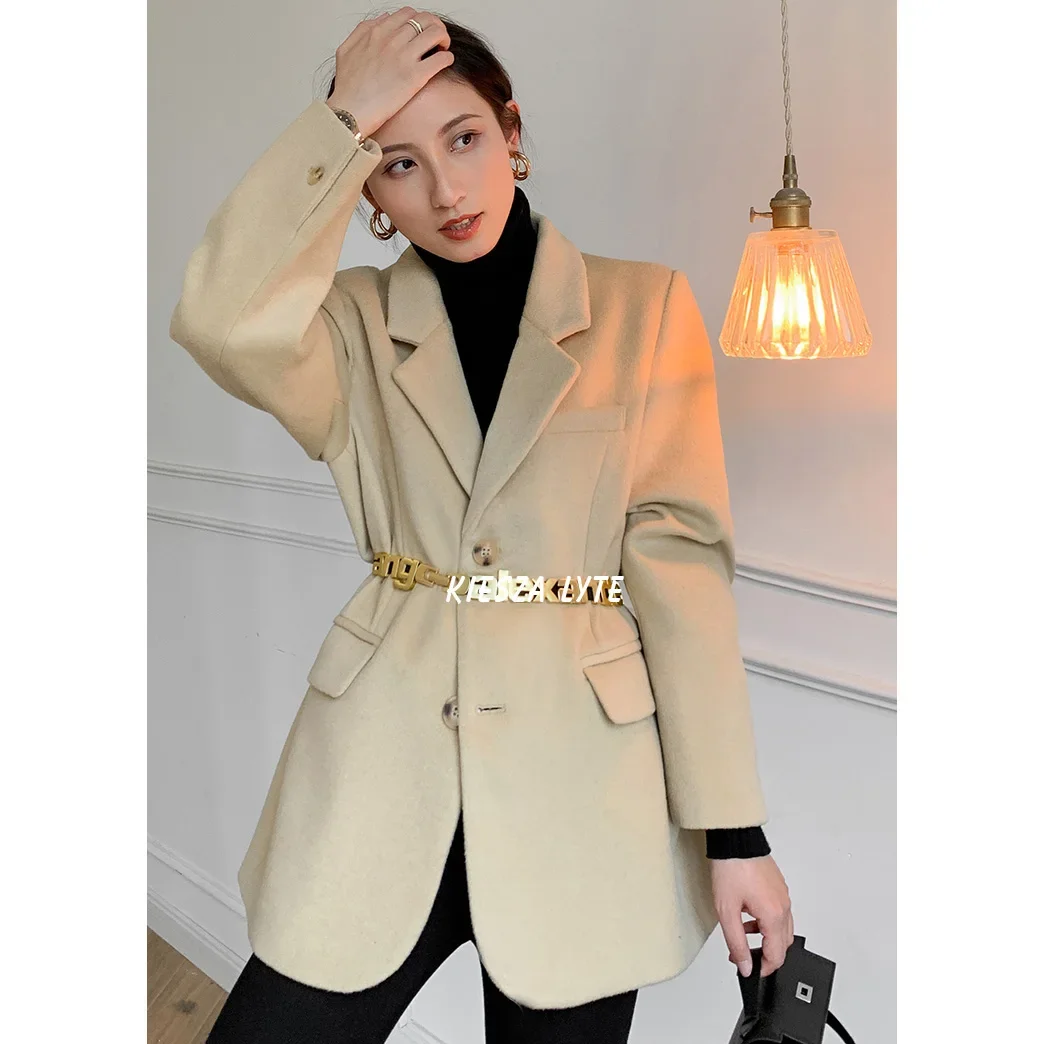 2024 Autumn Woman\'s Suit Jacket Khaki Woolen Tickened Notched Blazer Jackets Female Fashion Ladies High Quality