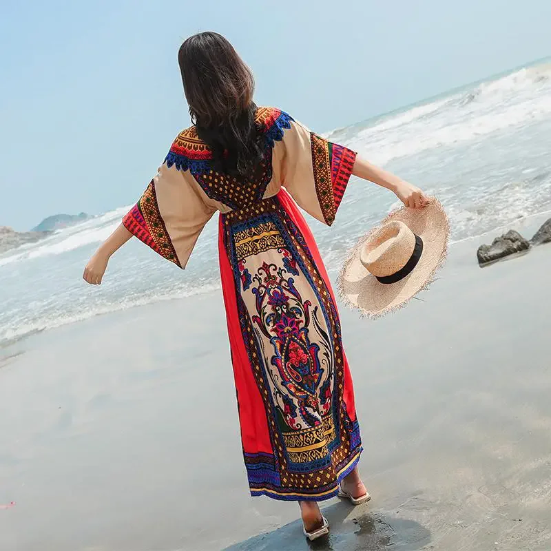 Estate nuova 2025 donna stampa floreale manica a pipistrello spiaggia bohemien maxi abito da donna scollo a V abiti boho estivi