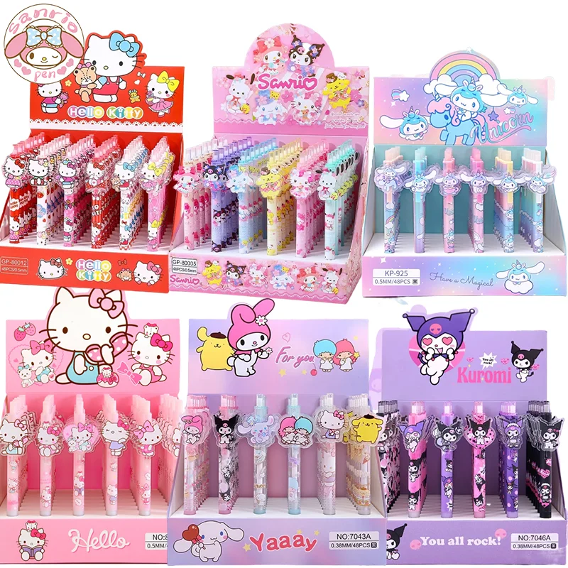 

Sanrio 48pcs Gel Pen Cartoon Kuromi Cinnamoroll Hello Kitty Students Learn Stationery 0.5mm Black Press Write Ball Pen Gift