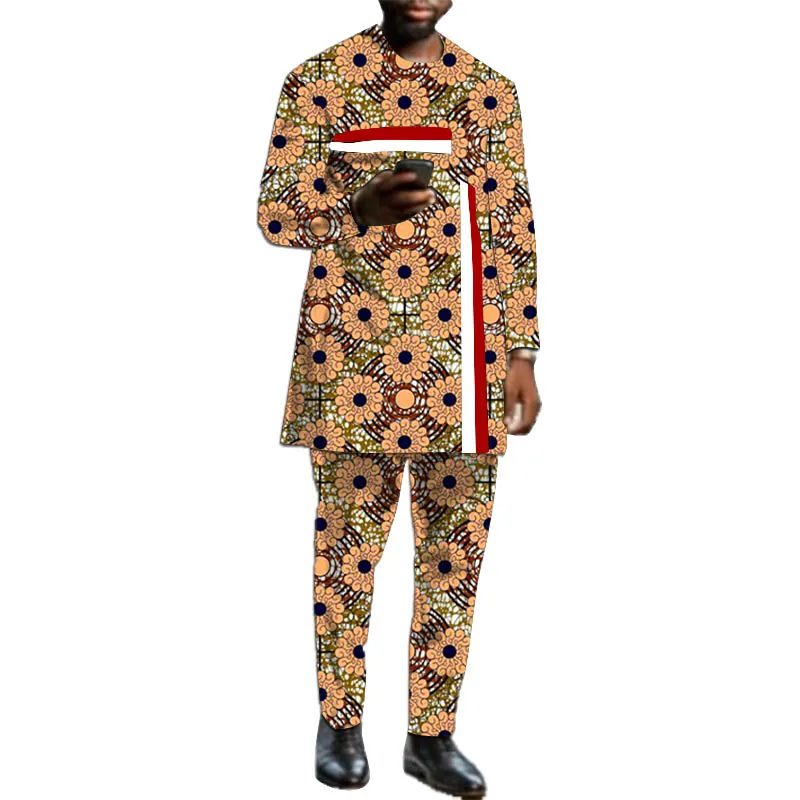 

Nigerian Styles Men's African Fashion Red&Whitte Striped Top Patchwork Shirts With Pants Print Male Groom Suits