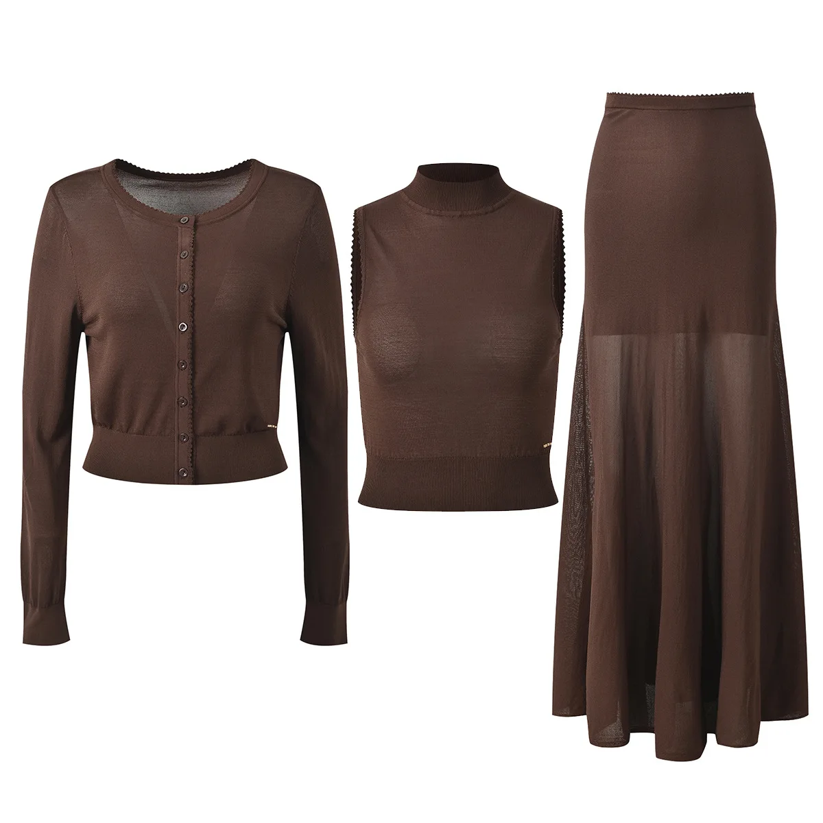 New Arrival 2026 Autumn Solid Casual Suit O-neck Single-breasted Cardigan Mock Neck Vest Mermaid Long Skirt Women Knit 3Pcs