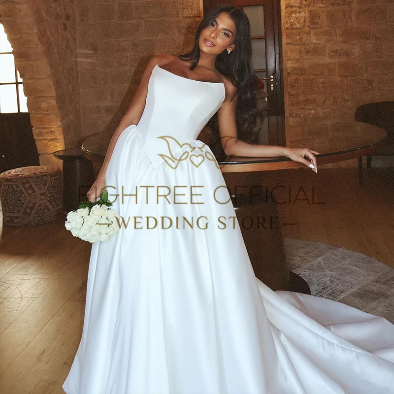 Eightree White A-Line Satin Wedding Dresses Strapless Sleeveless Sweep Train Bridal Long Evening Wedding Prom Gowns Customized