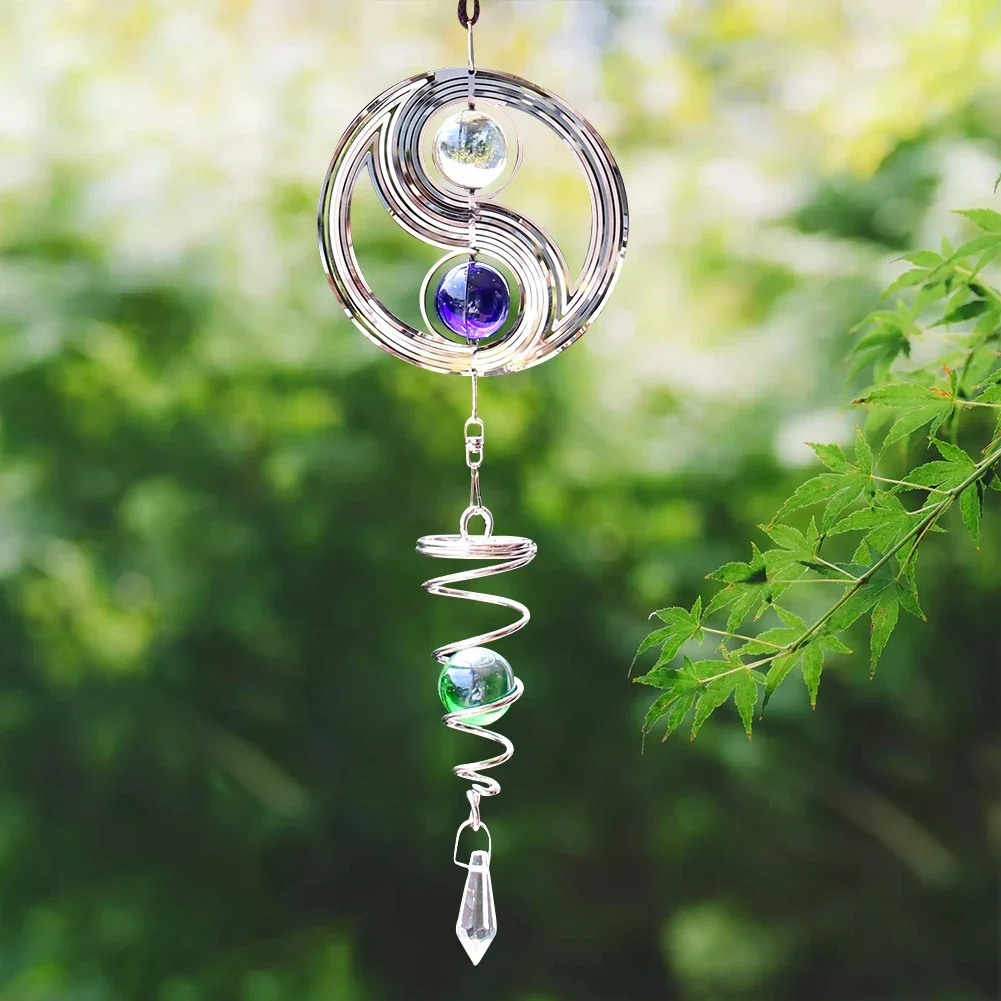 Taoism Yin Yang Tai Chi Spiral Rotation Crystal Ball 3D Spinning Sequins Metal Pendant Meditation Wind Gyro Garden Hanging Decor