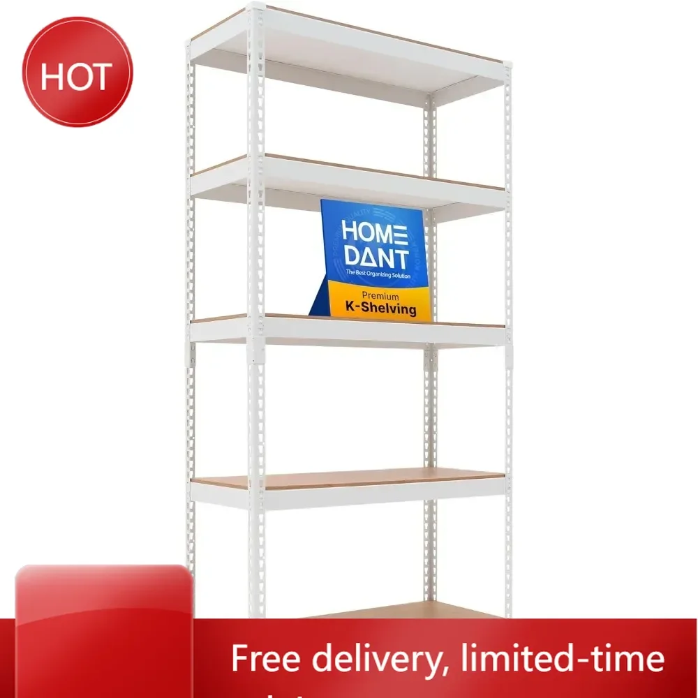 

Горячая распродажа: Настраиваемые 5-ярусные белые стеллажи для хранения, регулируемые ламинированные металлические стеллажи без болтов для гаража, сверхпрочные универсальные стеллажи.