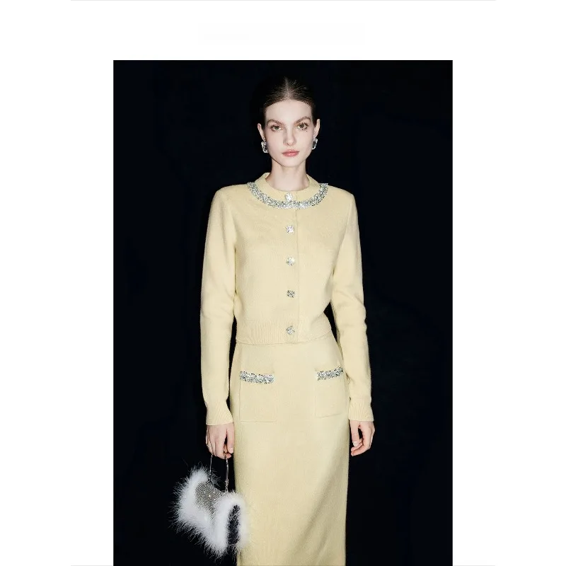 Qianjin Wind Silk Wool Yellow Knitted Suit Women's Autumn Temperament Nailed Diamond Small Fragrant Wind Top