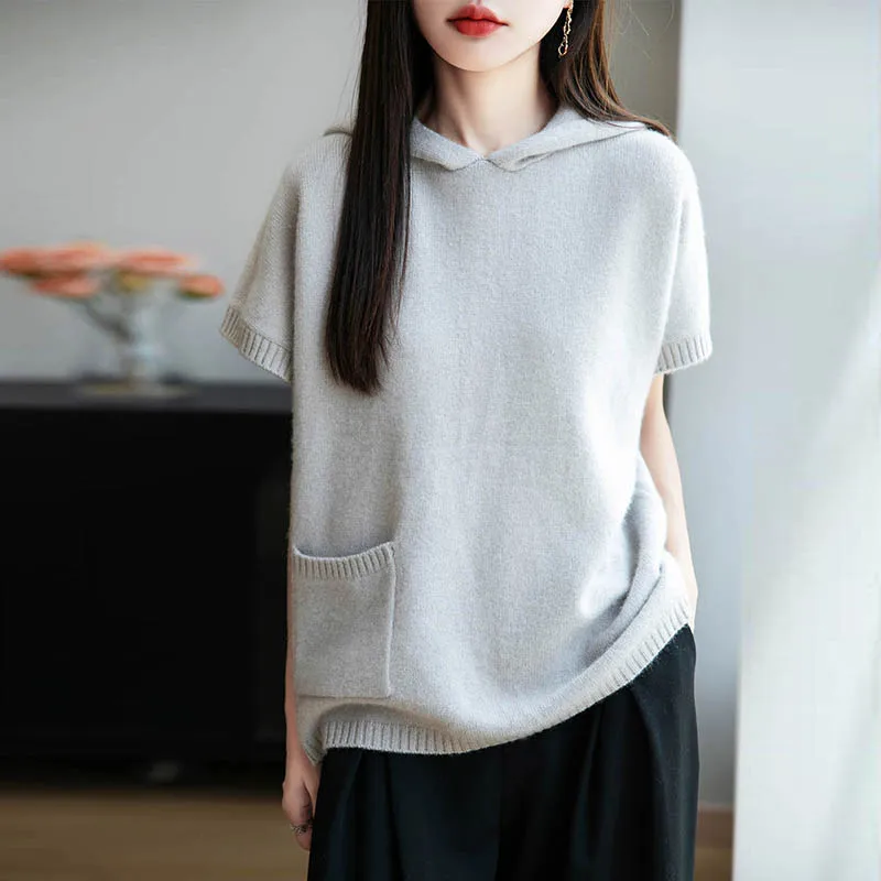 

Женский жилет с капюшоном из 100% австралийской шерсти, однотонный вязаный свободный свитер с короткими рукавами, короткий стильный женский пуловер, новый жилет