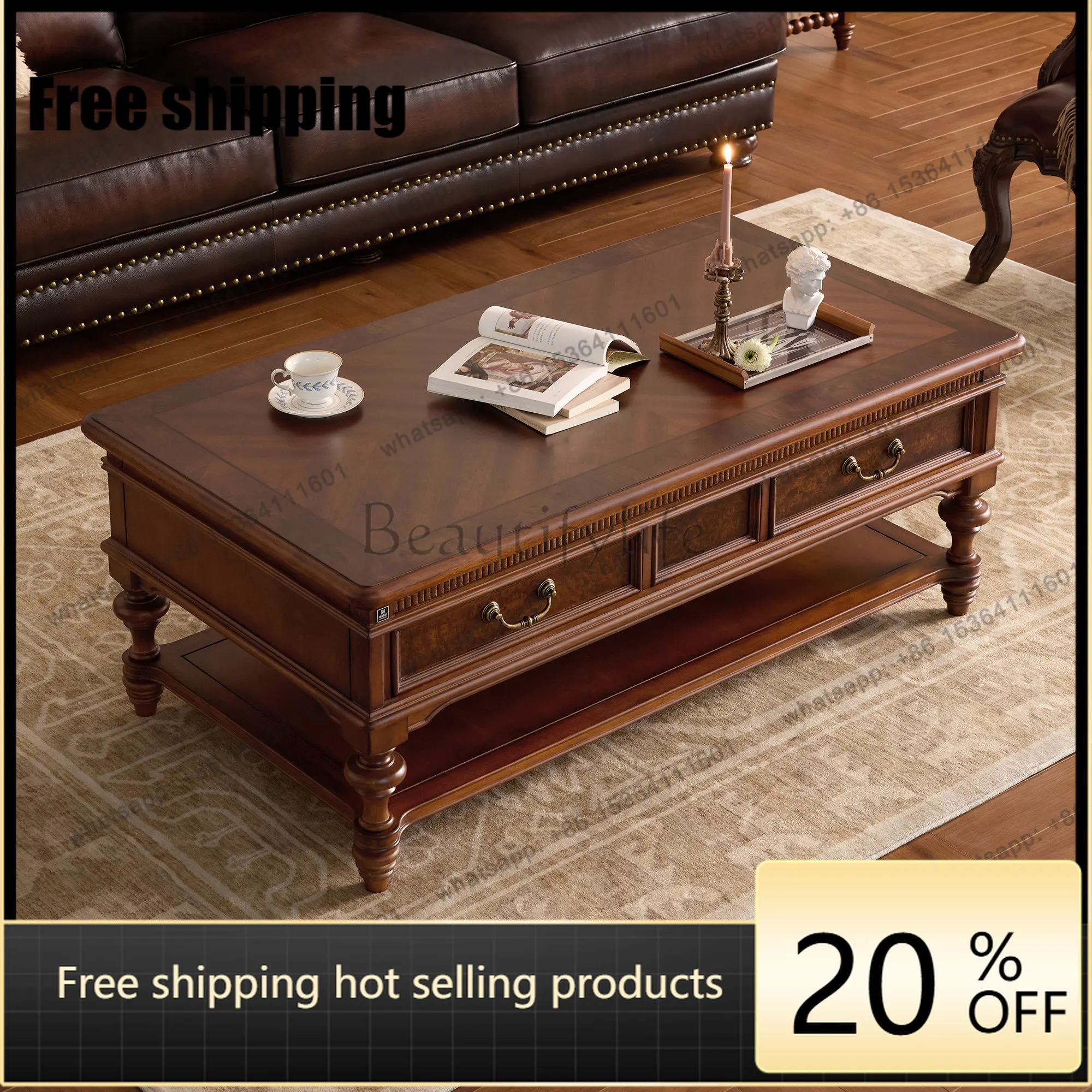 LD French retro solid wood coffee table small apartment living room home antique tea table