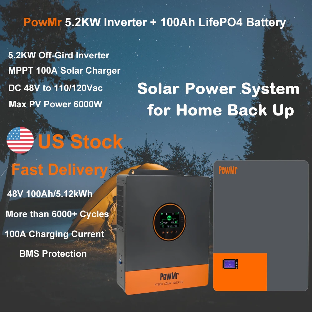 

PowMr 48V 5.2KW Hybrid Inverter+5.12kWh 48V 100Ah Lithium LiFePO4 Battery for Off-Grid Solar Home System Emergency Power Use
