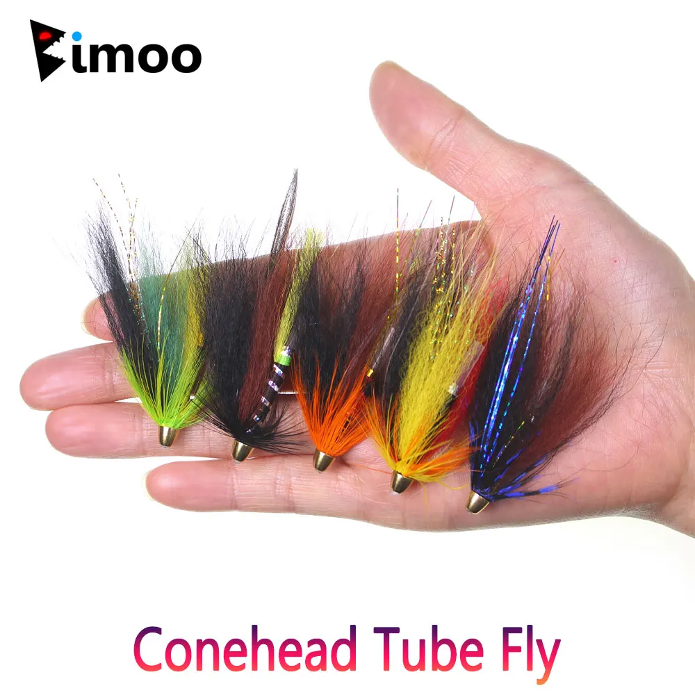 Bimoo 5pcs Brass Conehead Tube Fly Rooster Hackle Fox Tail Wet Streamer No Hook Fly Trout Salmon Steelhead Bass Fishing Lure