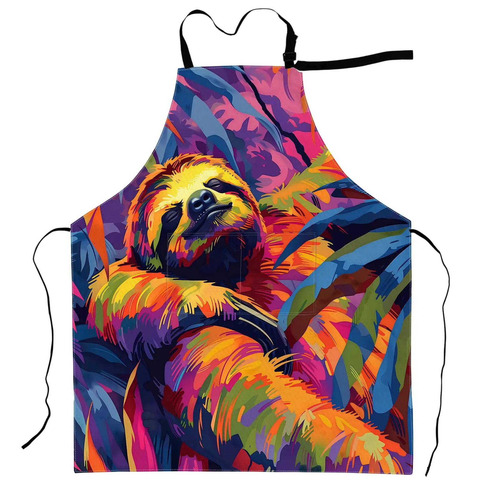 

Colorful Sloth Apron Tropical Art Style Aprons Waterproof Oxford Polyester Adjustable Pockets Funny Lazy Animal Design