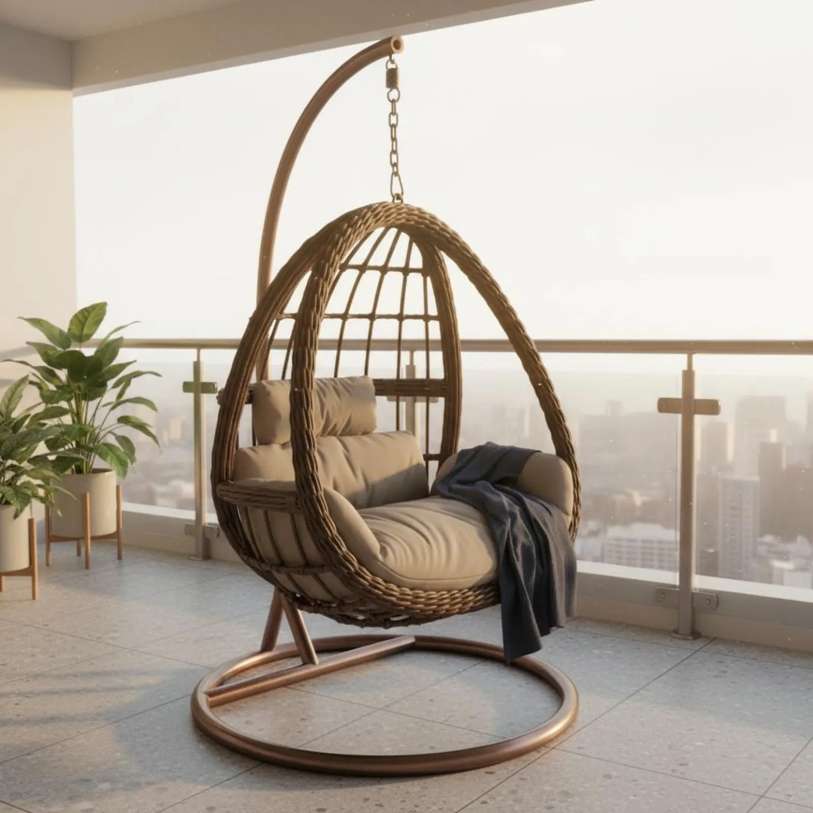 Hanging Oval Chair with Stand Indoor Outdoor Freestanding Wicker Swing Chair Leisure Furniture Easy Assembly for Balcony