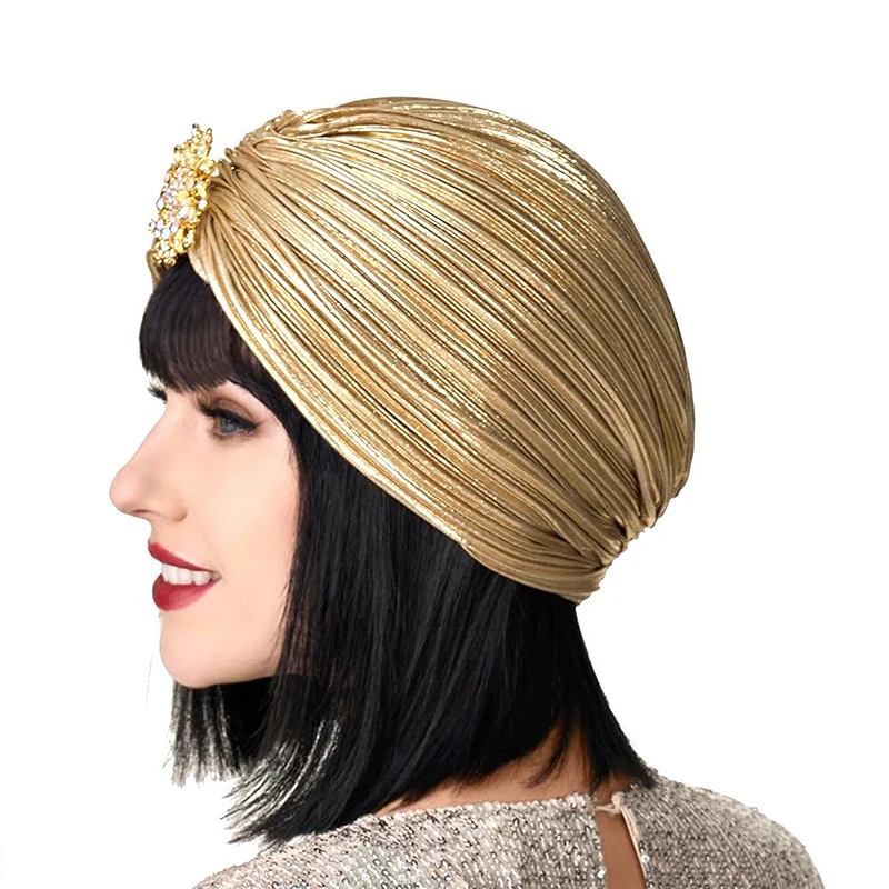 Women Gold Silver Diamond Jewel Turban Hats Chemo Bandana Hijab Pleated Indian Cap Turbante Hat Ladies Hair Accessories Hats