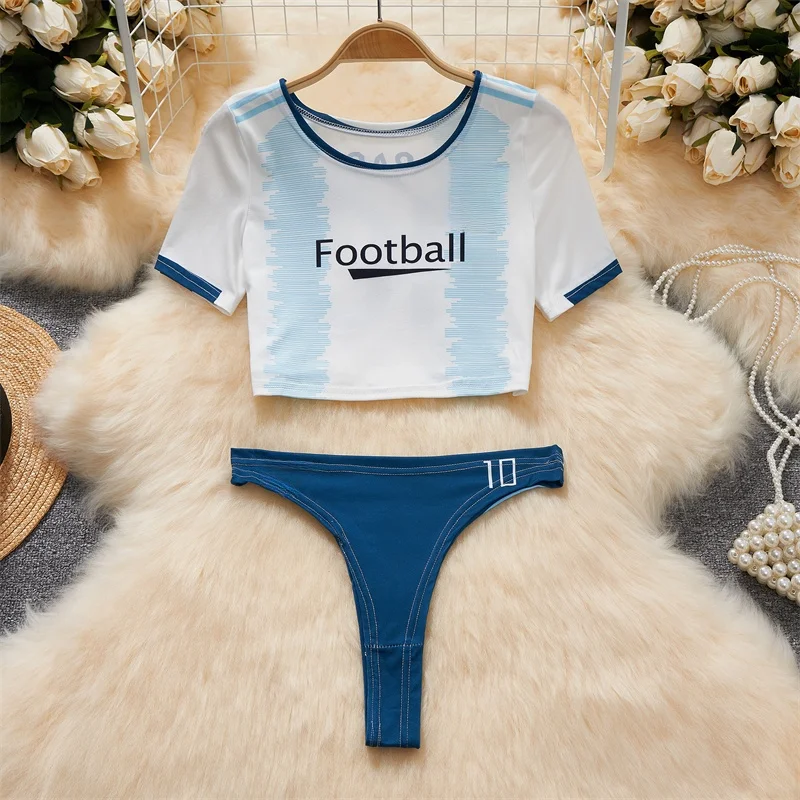 Football Baby Thong 2-piece Suits Basketball Short Sleeve Crop Top Sexy Women Lingerie Cosplay Sport Uniform Skinny Set Print