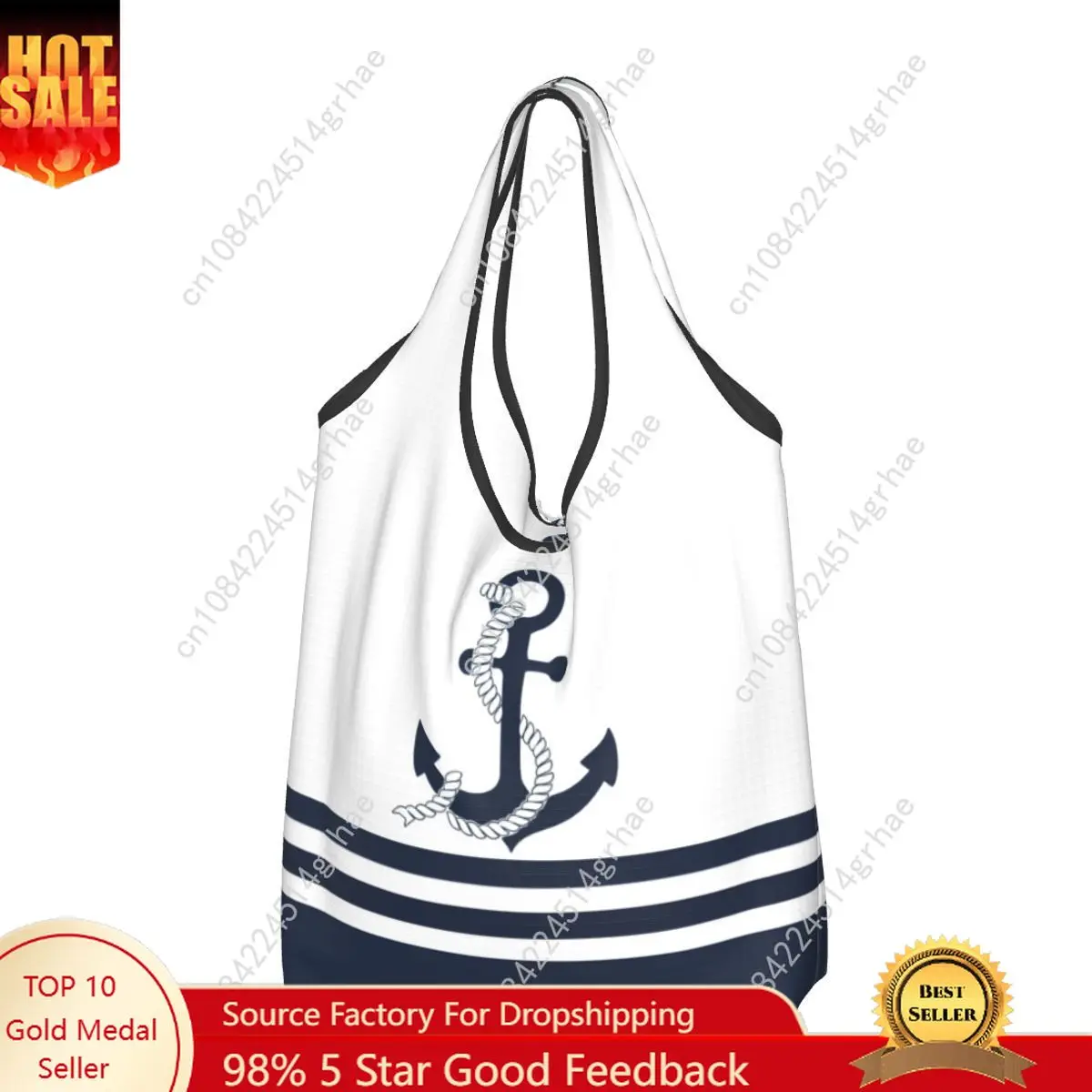 Custom Nautical Blue Anchors With Blue And White Stripes Tote Shopping Bag Portable Shoulder Shopper Sailing Sailor Handbag