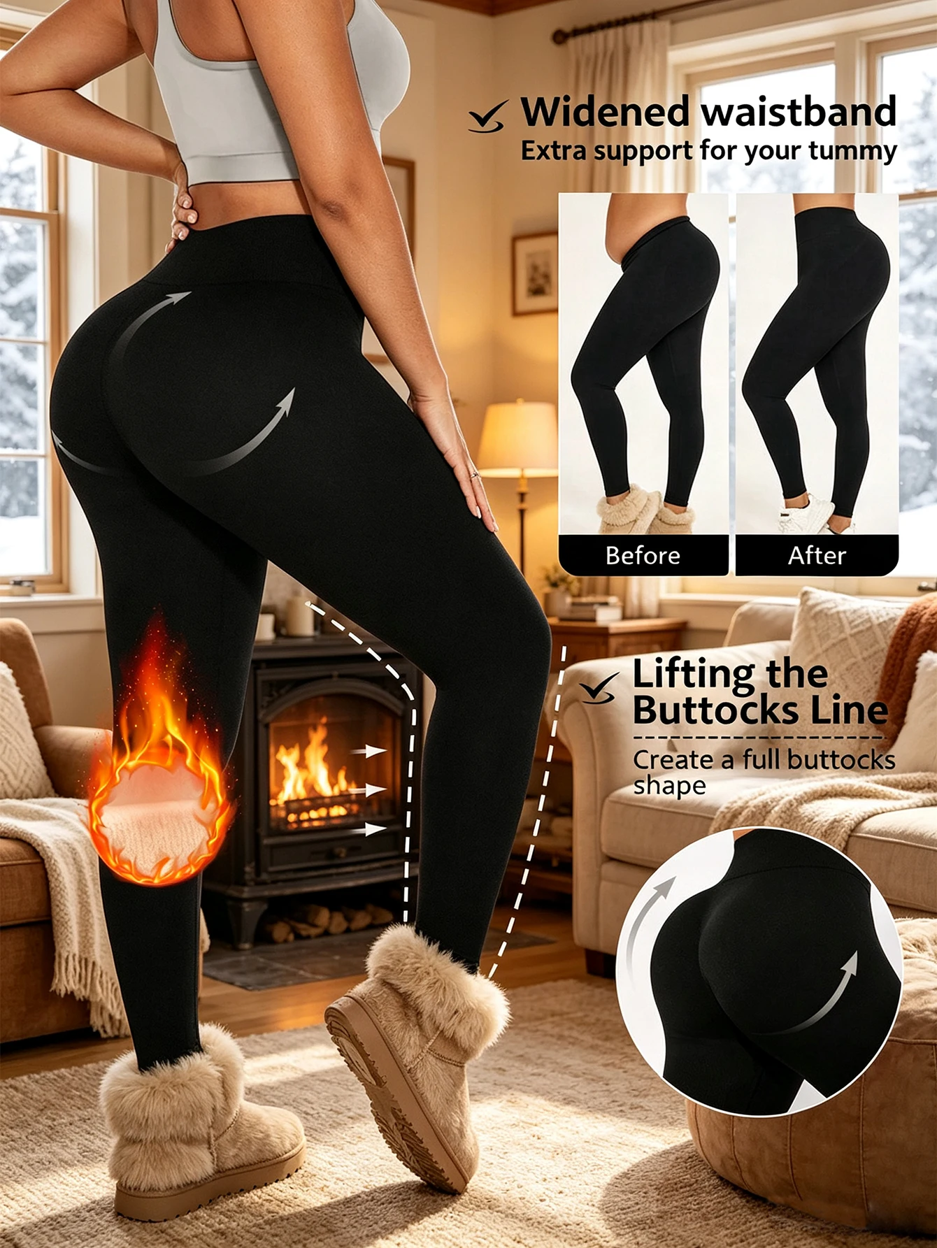 Winter fleece-lined warm pants fleece-lined warm lining locks in body temperature slim fit lifts buttocks and flattens abdomen