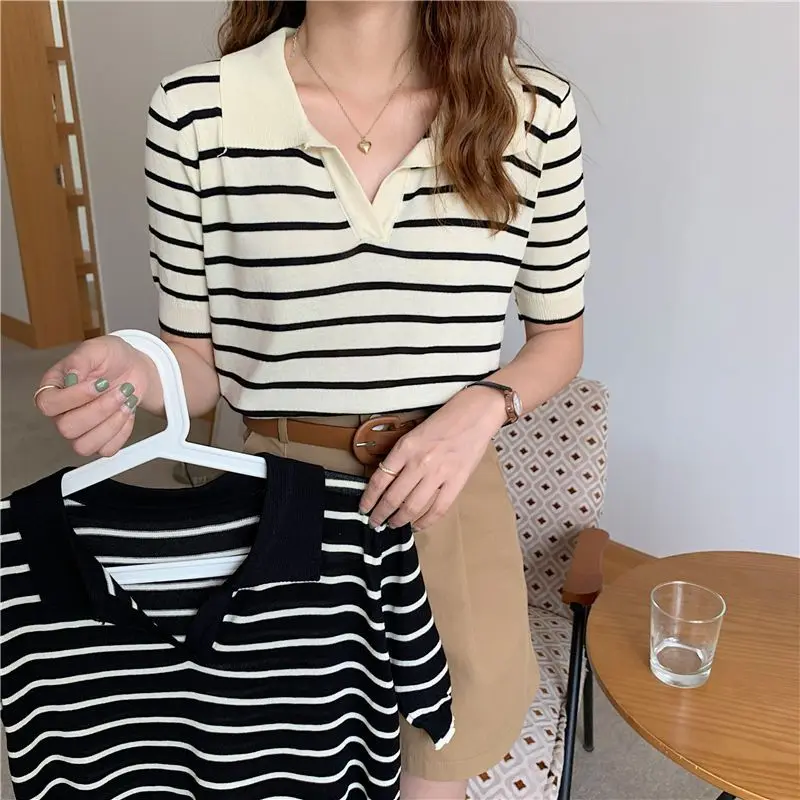 

Summer Fashion Striped Top Women Thin Short Sleeve Ice Silk T- Shirt Knitted Slim Outwear