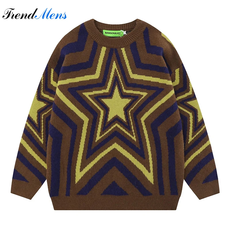 

Men's Creative Five Point Star Pullovers Color Matching Harajuku High Street Round Neck Knittings Loose Casual Couple Sweaters