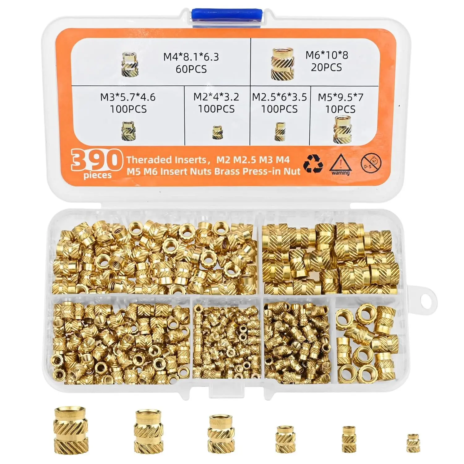 390/480Pcs Brass Knurled Insert Nuts, Blind Hole Mold-in Embedded Nuts, Injection Molding Brass Inserts, Boxed Set