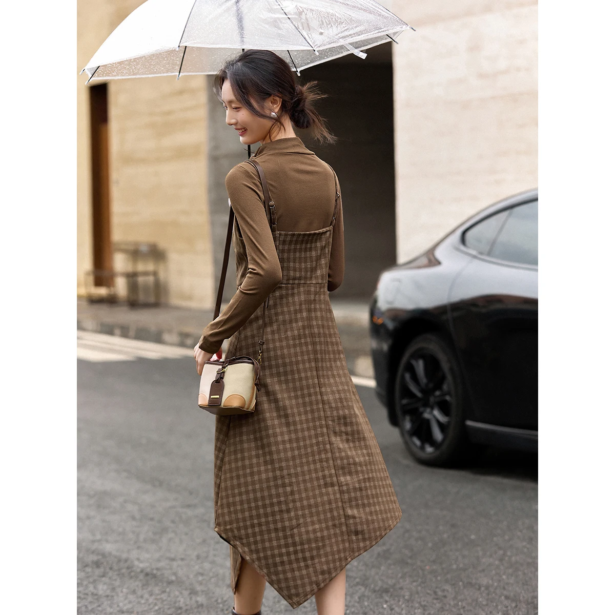 VINLY Eleganckie damskie komplety sukienkowo-garniturowe 2025 Zima Bluzki bazowe z kokardą Asymetryczny dół Sukienka na szelkach w kratę Damski zestaw dwuczęściowy 30519