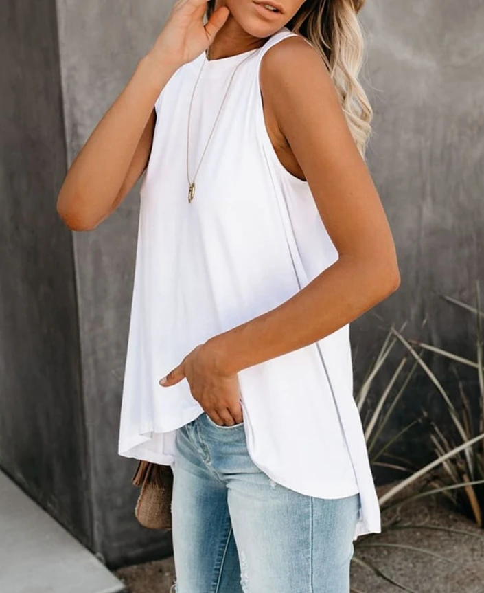 

Fashion Sleeveless Tank Top New Asymmetrical Hem Tank Elegant Round Neck Casual Women Clothing Spring Summer New Solid Slim Tops