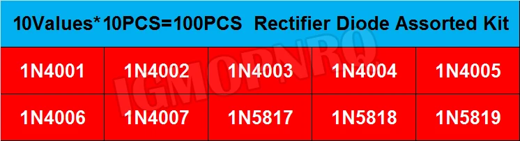 100Pcs/box 10 Values Rectifier Diode Assorted Kit 1N4001 1N4002 1N4003 1N4004 1N4005 1N4006 1N4007 1N5817 1N5818 1N5819