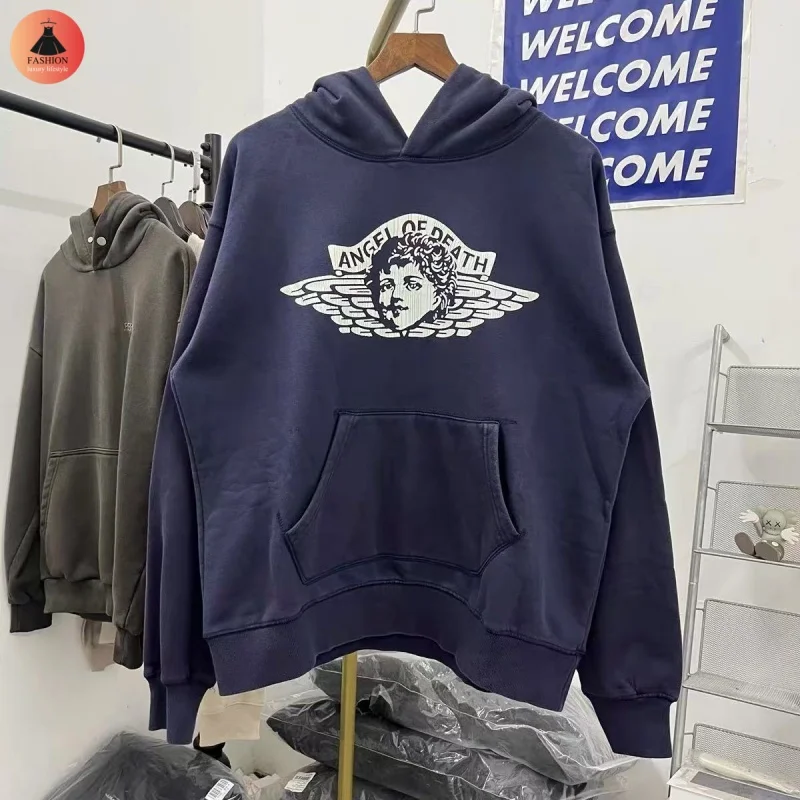 Streetwear Cracked Print Angel Baby Vintage Purple SAINT Plush Coat Mens Womens Washed Sports Hoodie Suit