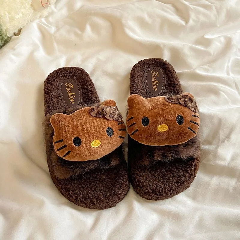Hello Kitty Cartoon Leopard Print Fur Slippers Kawaii Indoor Comfortable Non-Slip Slippers Cute Couple Cotton Shoes Gift