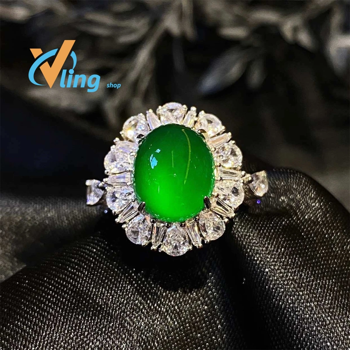 

Brazilian Ice Green Chalcedony Ring Agate Pigeon Egg 925 Silver Inlaid Female Ring Is Comparable To Jade Women's Fashion Gift