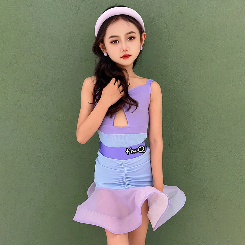 Lila Tanzanzug für lateinamerikanische Performance-Mädchen, Sommer, ärmelloses Oberteil, Rüschenröcke, Rumba, Tango, Trainingskleidung, lateinamerikanisches Kleid 2061