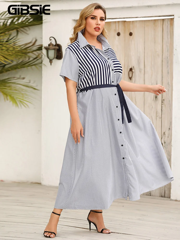 GIBSIE Striped Color Block Belted Shirt Dress Women Summer Short Sleeve A-line Casual Dresses Plus Size Office Maxi Long Dress