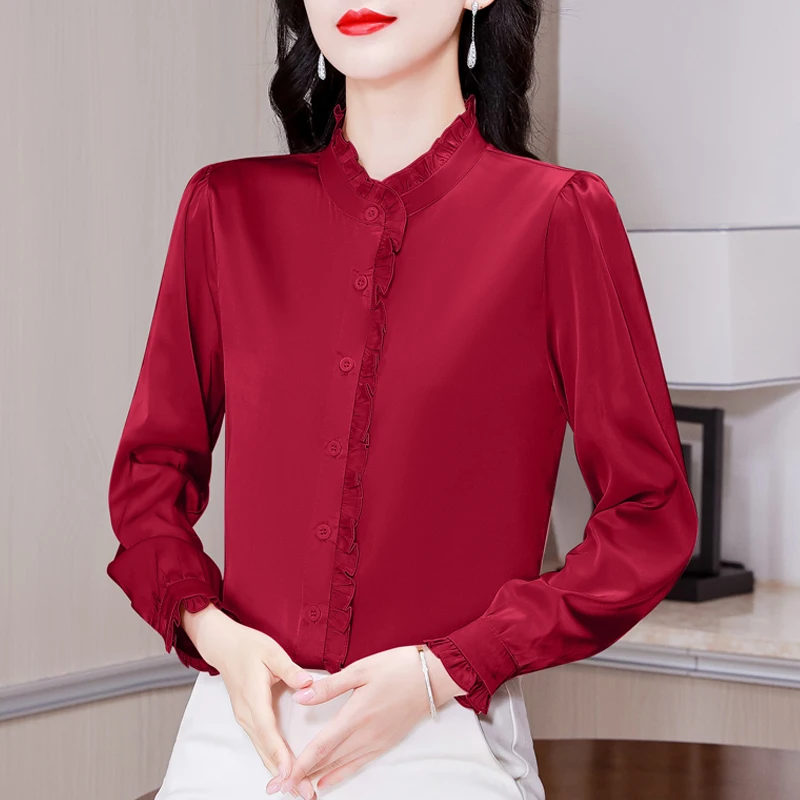 Camicie in raso a maniche lunghe con volant stile cinese Donna Office Lady Camicette solide Top basic Blusas Mujer De Moda 2025