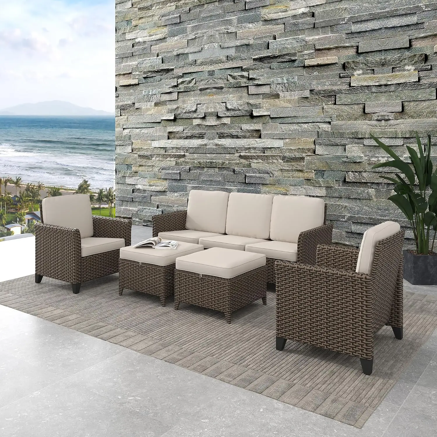 

75" PE Wicker Patio Sofa Set High Back Chairs Ottoman All Weather Waterproof Cushion Deck Garden Porch Customized