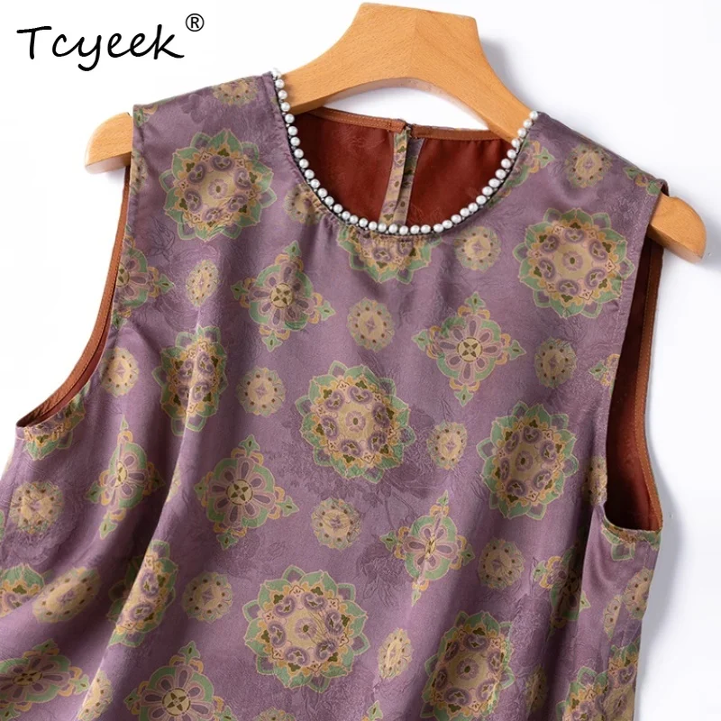 

Tcyeek женский жилет из 100% тутового шелка 24 мм, жаккардовый атлас без рукавов, свободная фиолетовая футболка с круглым вырезом и волнистым подолом, новинка 2025 года T55701JF