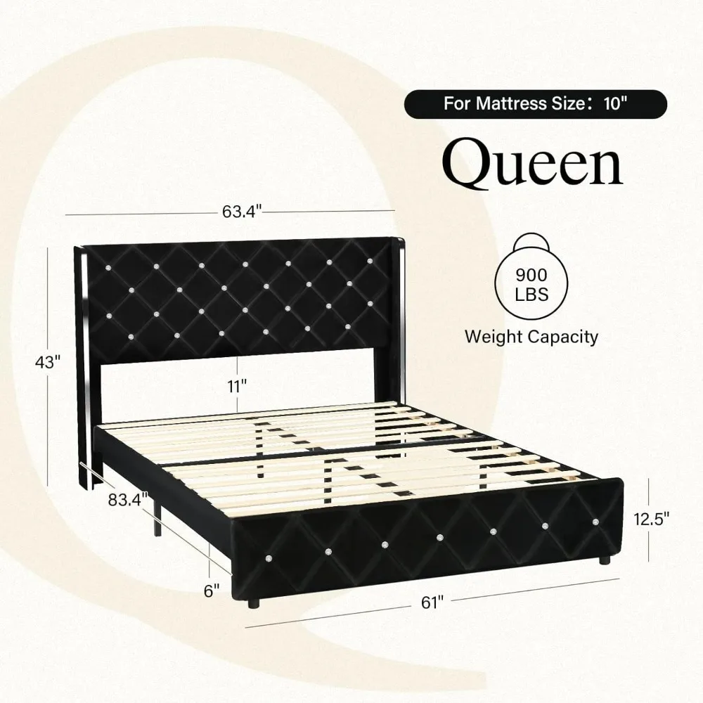 Bed Frame Queen Size, Velvet Upholstered Bed with Headboard, Black Bed Frame Queen with Wingback Headboard