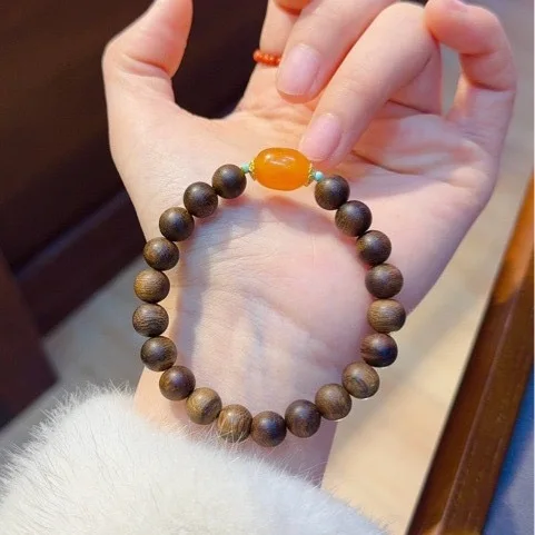 

Natural Agarwood Bracelet with Yellow Chalcedony Beads Agarwood Wood Beaded Prayer Bracelet Gifts