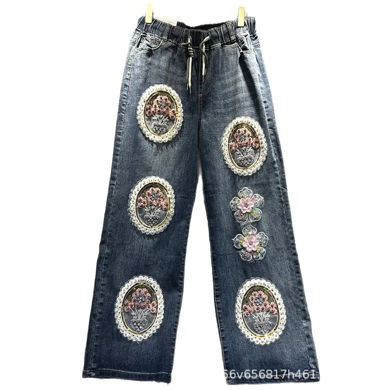 Pantalones vaqueros tridimensionales con flores y diamantes para mujer, pantalones rectos con cintura elástica que combinan con todo, vaqueros de pierna ancha para primavera y otoño