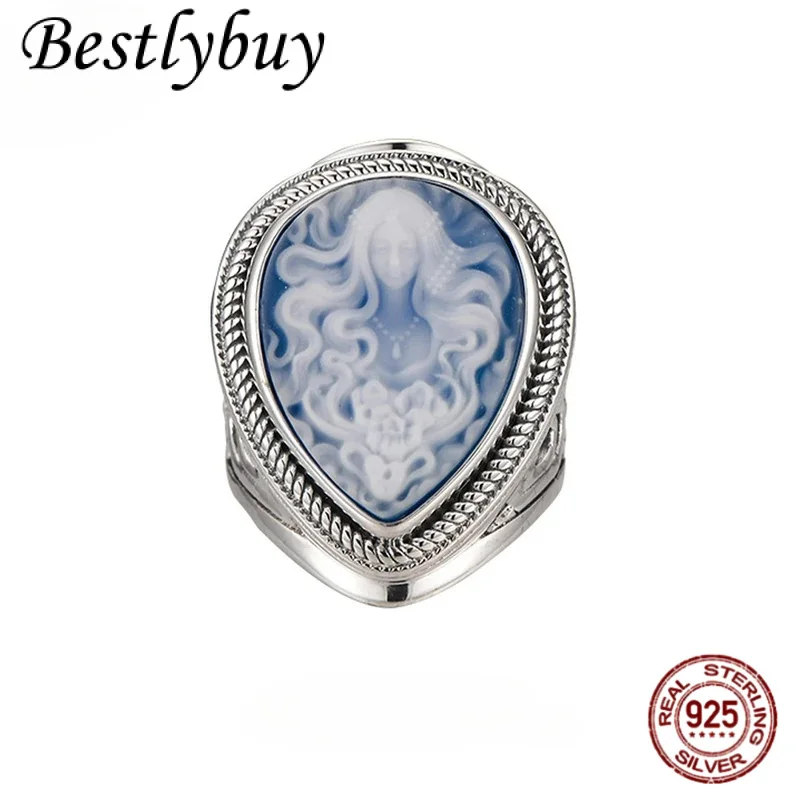 

Grams genuine 925 silver natural blue Onyx Medusa ring white shell cameo water drop goddess big rings for women fine jewelry
